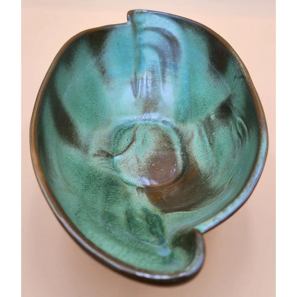 Vintage FRANKOMA Pottery Bowl #202 Prairie Brown Green Oval Serving Fruit Bowl